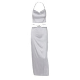 Cowl neck zip-up metal chain satin halter maxi skirt set-final-sale