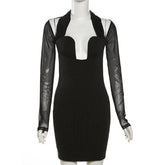Long sleeve halter mesh patchwork solid mini dress
