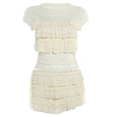 Crewneck ruffle lace ruched cap sleeve pant set