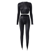 Sheer mesh see through long sleeve solid crewneck pant set-final-sale