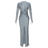 Knotted slit solid long sleeve ruched maxi dress-final-sale