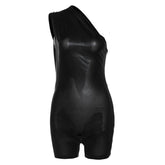 Irregular one shoulder metallic solid zip-up romper-final-sale
