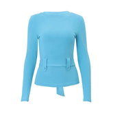 Crewneck long sleeve belt knotted knitted top