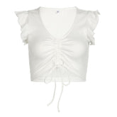 Cap sleeve drawstring ruched ribbed crop top