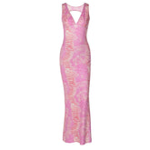 Sleeveless v neck print backless maxi dress