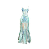 V neck print backless contrast cami maxi dress