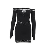 Off shoulder long sleeve gloves hollow out cut out mini dress