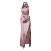 Ruched solid satin zip-up halter backless slit maxi dress-final-sale