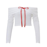 Long sleeve off shoulder bowknot ribbon top