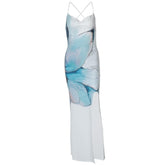 Print cowl neck slit cross back cami maxi dress