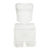 Lace hem backless ruffle tube mini skirt set