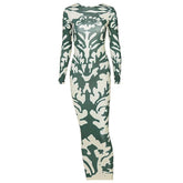 Long sleeve backless print midi dress