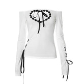 Hollow out long sleeve off shoulder self tie cut out top