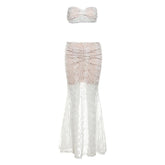 Ruched mesh tube maxi skirt set-final-sale