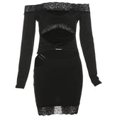 Long sleeve off shoulder lace hem hollow out cut out mini dress-final-sale
