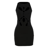 O ring hollow out crewneck solid cut out mini dress