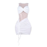 Ruched drawstring crewneck fishnet mini dress