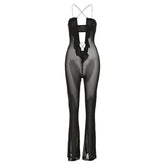 Sheer mesh solid ruffle see through cross front jumpsuit-final-sale