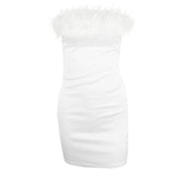 Feather off shoulder solid backless tube dress