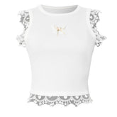 Lace hem ribbed butterfly applique top