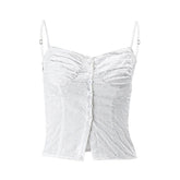 Textured pleated button slit solid backless cami top