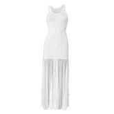 U neck mesh patchwork bowknot 2-way midi dress