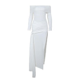 Cross front solid long sleeve off shoulder slit self tie maxi dress-final-sale