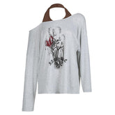 Halter off shoulder long sleeve abstract print top