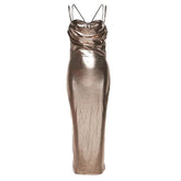 Metallic ruched backless patchwork solid midi dress- Final Sale