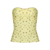 Ruched ruffle print flower applique tube top