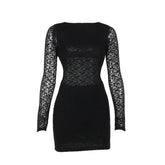 Lace solid long sleeve backless hollow out self tie cut out mini dress-final-sale