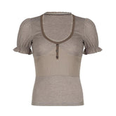 Short puff sleeve button stitch ruffle ribbed top