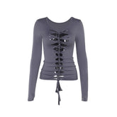 Long sleeve hollow out v neck self tie solid cut out top