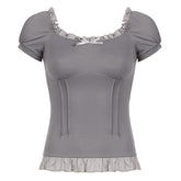 Short puff sleeve stitch ruffle bowknot top