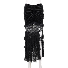 Velvet lace ruched slit midi skirt