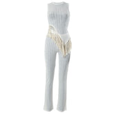 Irregular sleeveless textured crewneck tassels solid pant set-final-sale