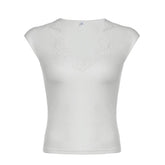 V neck cap sleeve lace hem top