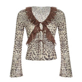 Long sleeve mesh lace hem leopard print self tie top
