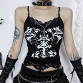 V neck abstract bat print lace hem cami top