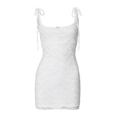 U neck lace self tie flower applique cami mini dress