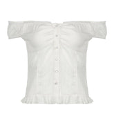 Off shoulder ruched button ruffle top