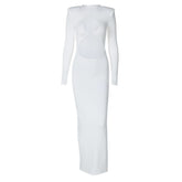 Long sleeve crewneck padded hollow out slit cut out maxi dress