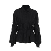 Turnover collar long puff sleeve button top-final-sale