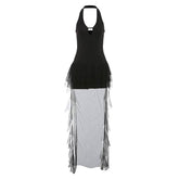 Halter hollow out ruffle mesh backless cut out mini dress