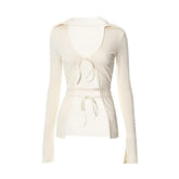 Turnover collar solid long sleeve self tie v neck crop top-final-sale
