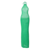 Crochet solid halter backless self tie maxi dress-final-sale