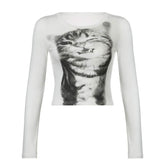 Long sleeve crewneck cat print top