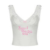 V neck ruffle letter print bowknot cami top