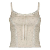 Lace hem bowknot ribbon print stitch cami top