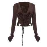 Long sleeve cowl neck o ring self tie ruched hollow out cut out top